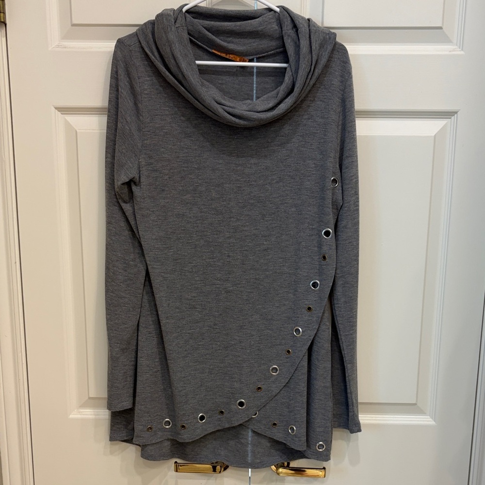 Belldini Charcoal Cowl Neck Sweater with Eyelet Accents